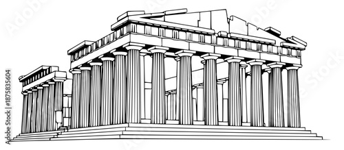 A line drawing of a classical architectural building with columns, building, drawing, footstall, illustration, pillar, sketch, temple, against transparent background