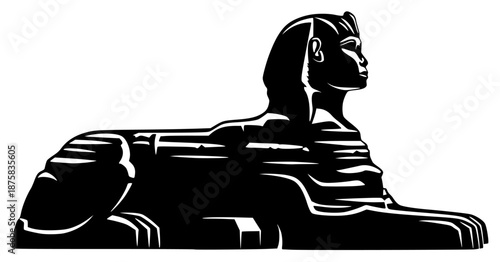 A black and white silhouette of an ancient egyptian pharaoh statue, black, chair, illustration, profile, sculpture, sit, statue, woman, against transparent background