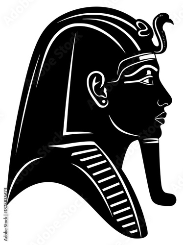 A black and white silhouette of an ancient egyptian woman with a snake on her head, ancient, black, head, headdress, helmet, illustration, logo, man, profile, warrior, against transparent background