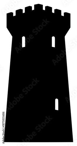 A black and white silhouette of a castle tower, black, castle, fort, icon, illustration, lighthouse, profile, tower, against transparent background