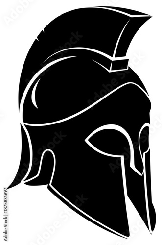 A black and white silhouette of a spartan helmet, black, head, helmet, icon, illustration, logo, profile, warrior, against transparent background