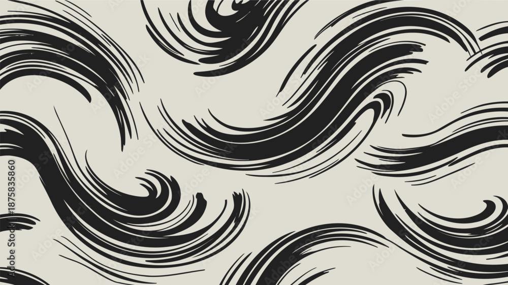 Fototapeta premium Dynamic black swirling wave patterns on beige background