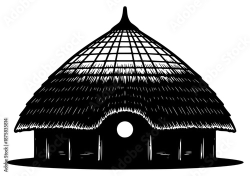 A black and white illustration of a traditional hut with a thatched roof, black, building, house, hut, illustration, make, profile, roof, straw, against transparent background