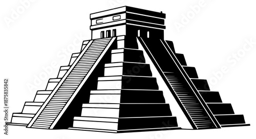 A black and white illustration of a large, stylized pyramid with stairs, ancient, black, building, icon, illustration, pyramid, stack, stair, structure, against transparent background