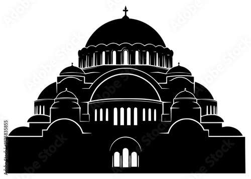 A black and white silhouette of a large building with domes and arches, black, building, cathedral, church, dome, icon, illustration, mosque, profile, worship, against transparent background