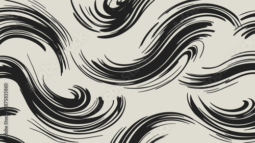 Dynamic black swirling wave patterns on beige background