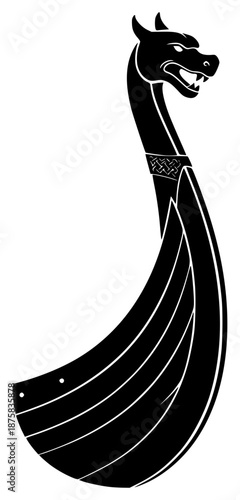 A stylized black and white illustration of a viking ship with a dragon head, animal, black, boat, canoe, illustration, image, profile, vessel, against transparent background