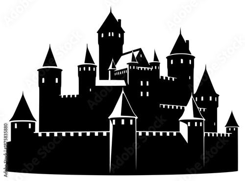 A black and white silhouette of a castle with turrets, black, castle, illustration, medieval, palace, profile, tower, against transparent background