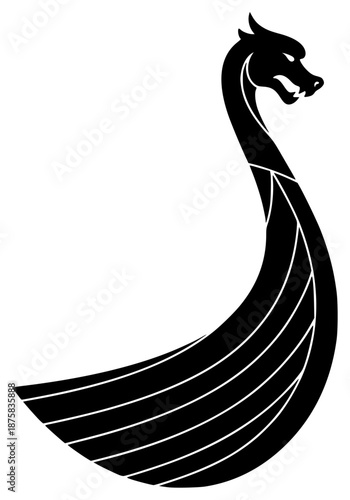 A black and white silhouette of a mythical creature resembling a viking ship, black, boat, dragon, illustration, image, logo, profile, swan, symbol, tail, against transparent background
