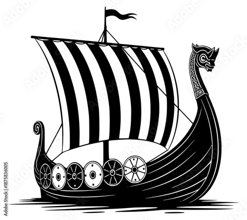 A black and white illustration of a viking ship with striped sails, black, boat, illustration, pirate ship, sail, sea, vessel, white, against transparent background