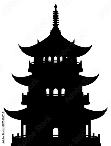 A black and white silhouette of a pagoda tower, black, building, icon, illustration, pagoda, profile, sky, temple, tower, against transparent background