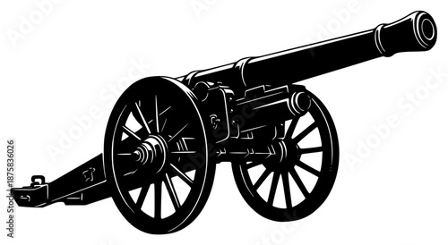 A black and white illustration of a vintage cannon, black, cannon, illustration, profile, telescope, against transparent background