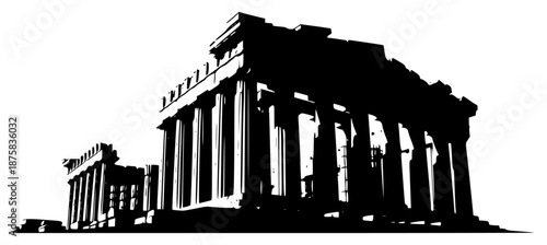 A black and white silhouette of a classical architectural building with columns, ancient, black, building, illustration, pillar, profile, ruins, temple, white, against transparent background