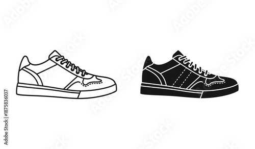 Black and white illustration of two sneakers side by side on a plain background