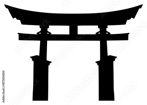 A black and white silhouette of a traditional japanese torii gate, black, doorway, entrance, illustration, pillar, pole, profile, shrine, against transparent background