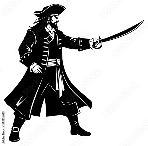 A black and white illustration of a pirate holding a sword, black, captain, catch, dagger, gun, hand, hat, illustration, man, pirate, sun hat, sword, weapon, wield, against transparent background