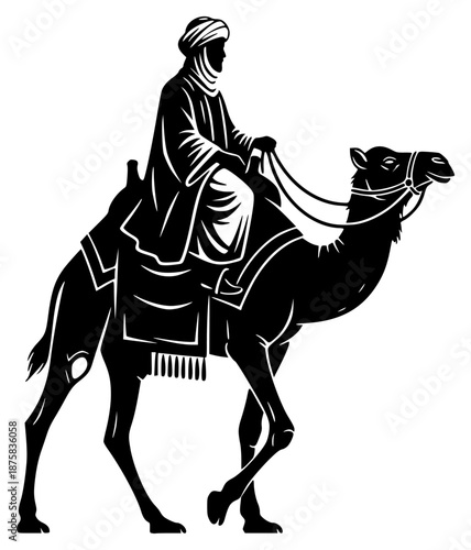 A silhouette of a man riding a camel, dressed in traditional clothing, black, camel, desert, horseback, illustration, man, profile, ride, against transparent background