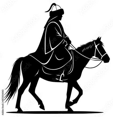 A silhouette of a man riding a horse, dressed in traditional clothing, black, horse, horseback, illustration, jockey, man, profile, ride, robe, spear, sword, warrior, against transparent background