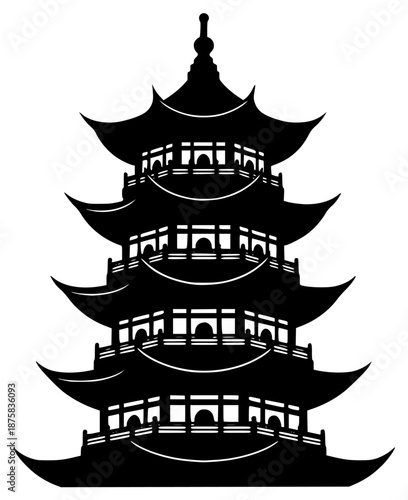 A black and white silhouette of a pagoda tower, black, building, illustration, pagoda, profile, temple, tower, against transparent background