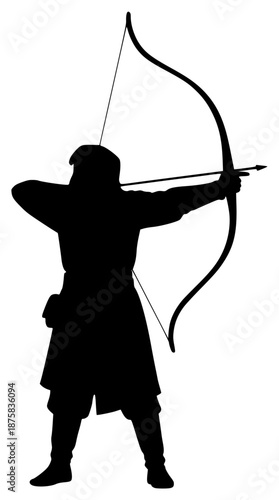 A silhouette of a warrior aiming with a bow and arrow, archery, arrow, black, bow, goal, man, profile, shoot, against transparent background