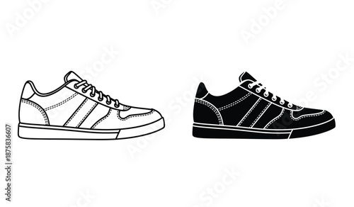 Black and white illustration of two sneakers side by side on a plain background