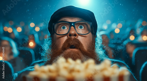 Excited moviegoer wearing glasses and a cap, eyes wide open, watching a film with a bucket of popcorn in a cinema setting.