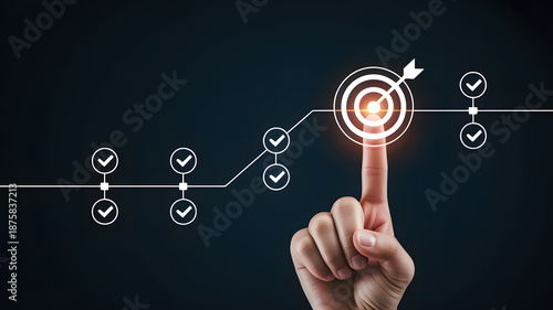 Business goal setting and achievement timeline concept hand reaching ultimate target objective success strategy