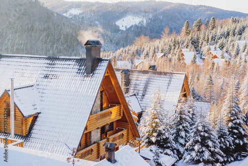 Snowy Mountain Chalets in a Winter Forest Village