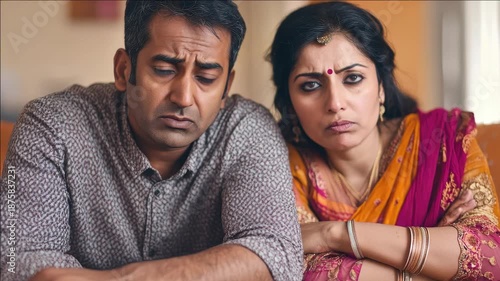 Indian couple showing contrasting emotions with slight frowns and pursed lips.