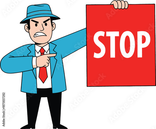 Man holding sign pointing to stop.