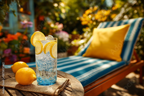 Refreshing summer drink with lemon and ice on a wooden table in a vibrant garden, relaxed atmosphere.