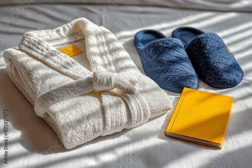 Relaxing morning: A white robe, blue slippers, and a yellow book on a sunlit bed. Ready for a cozy and peaceful day.