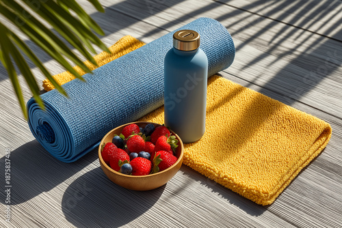 Wellness still life: Yoga mat, towel, water bottle, and fresh fruit for a healthy lifestyle on a sunny day.