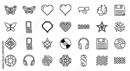 Abstract retro shapes and figures in Y2K aesthetics, vintage stickers, logos, labels, and decorative design elements. A collection of basic, brutal forms and icons including butterflies, pixelated