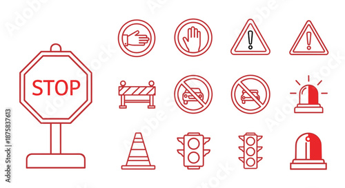 Collection of red line art traffic and warning signs, including a STOP sign, hand gestures for prohibition and permission, caution triangles, traffic lights, construction barriers, traffic cones, and