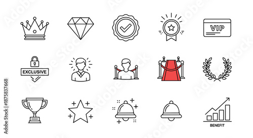 Exclusive VIP Icon Set: A Collection of Premium Symbols Including Crown, Diamond, Quality Seal, VIP Card, Exclusive Badge, Customer Recognition, Red Carpet Entrance, Laurel Wreath, Victory Star