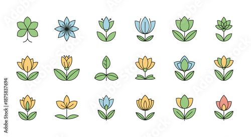 Collection of stylized, minimalist flower and leaf icons in various colors including green, blue, yellow, and pink, set against a clean white background, perfect for nature-themed designs and