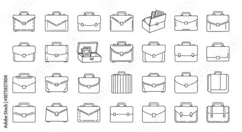 Collection of diverse briefcase icons in outline style, perfect for office work, business, and travel. Editable stroke vector graphics suitable for infographics, articles, books, flyers, and banners
