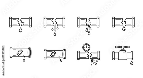 Set of eight line art icons depicting various broken pipe scenarios with water leaks, including cracked pipes, patched pipes, a pipe with a pressure gauge, and a valve, suitable for graphic design