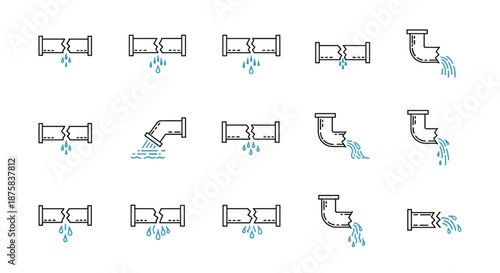 Collection of outline linear symbols illustrating broken pipes and water leaks, suitable for graphic and web design, apps, adverts, and various cards. This vector cartoon illustration set depicts
