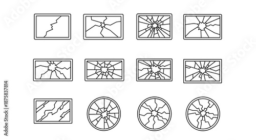 Collection of outline icons representing broken glass in various forms, including rectangular and circular shapes with different crack patterns, suitable for graphic design, web, apps, and