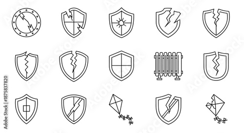Collection of outline shield icons, some broken and some intact, representing protection, security, and vulnerability, alongside a radiator and kite icons, suitable for graphic design, web, apps, and