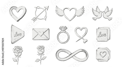 Collection of hand-drawn, brush-stroke painted love symbols and romantic icons, including hearts, roses, doves, engagement ring, cupid's arrow, infinity symbol, and envelopes, presented as a clean