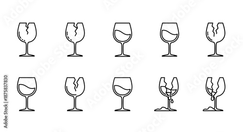Collection of minimalist line icons depicting broken wine glasses, symbolizing fragility, accidents, or the end of a celebration. These clean, vector graphics are perfect for web design, app