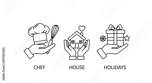 A collection of three minimalist line icons, each presented on a hand, symbolizing chef, house, and holidays. The chef icon features a toque and whisk, the house icon a dwelling with a heart, and the