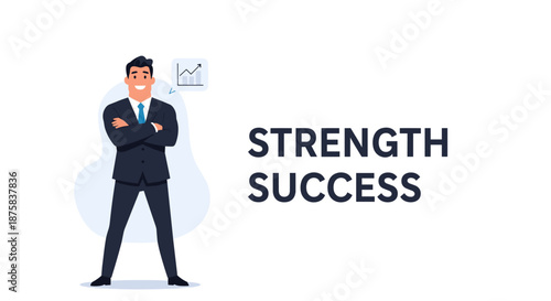 A confident businessman stands with arms crossed, symbolizing strength and success, next to a graph indicating growth, representing business achievement and positive financial performance in a flat
