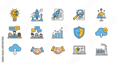Set of business and startup concept icons, including a lightbulb with gears, a rocket launch, a document with a rocket, a magnifying glass over a chart, a mountain peak with gears, a team meeting, a