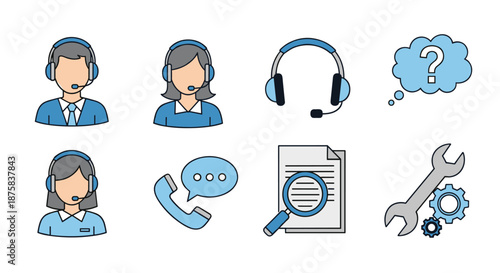 Vector illustration of a call center and customer support icons, including male and female agents with headsets, a telephone, a speech bubble, a document with a magnifying glass, a question mark