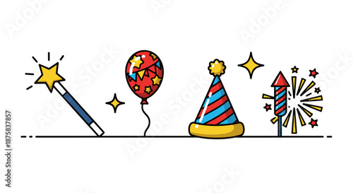 A vibrant collection of celebration icons, including a magic wand with sparkling stars, a festive balloon adorned with banners and stars, a classic red and blue striped party hat, and a bursting