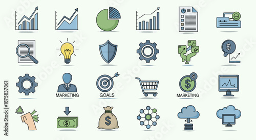 Collection of flat design business icons representing financial analysis, marketing strategies, and data visualization, including charts, graphs, lightbulbs, gears, and money symbols, perfect for